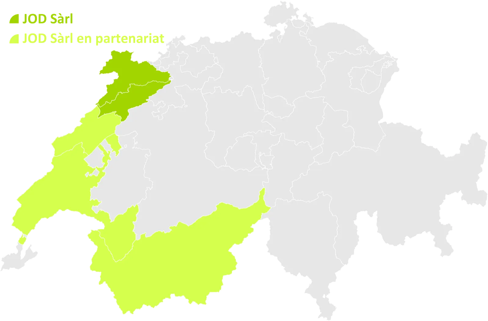 Carte de la Suisse : JOD Sàrl intervient dans le Jura et le Jura bernois, et en partenariat dans les cantons de Neuchâtel, Vaud et Valais.